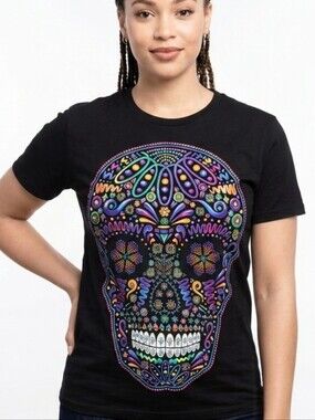 Black T-Shirt with Colorful Sugar Skull Graphic Sz L